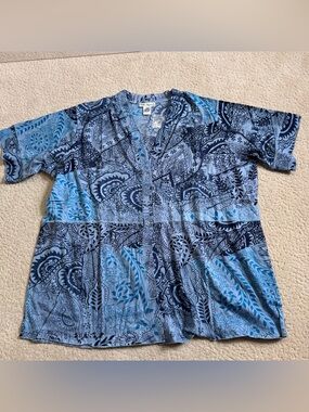 Ulla Popken Print Cotton Top Short Sleeve Shirt Button Front V Neck Blue 24/26